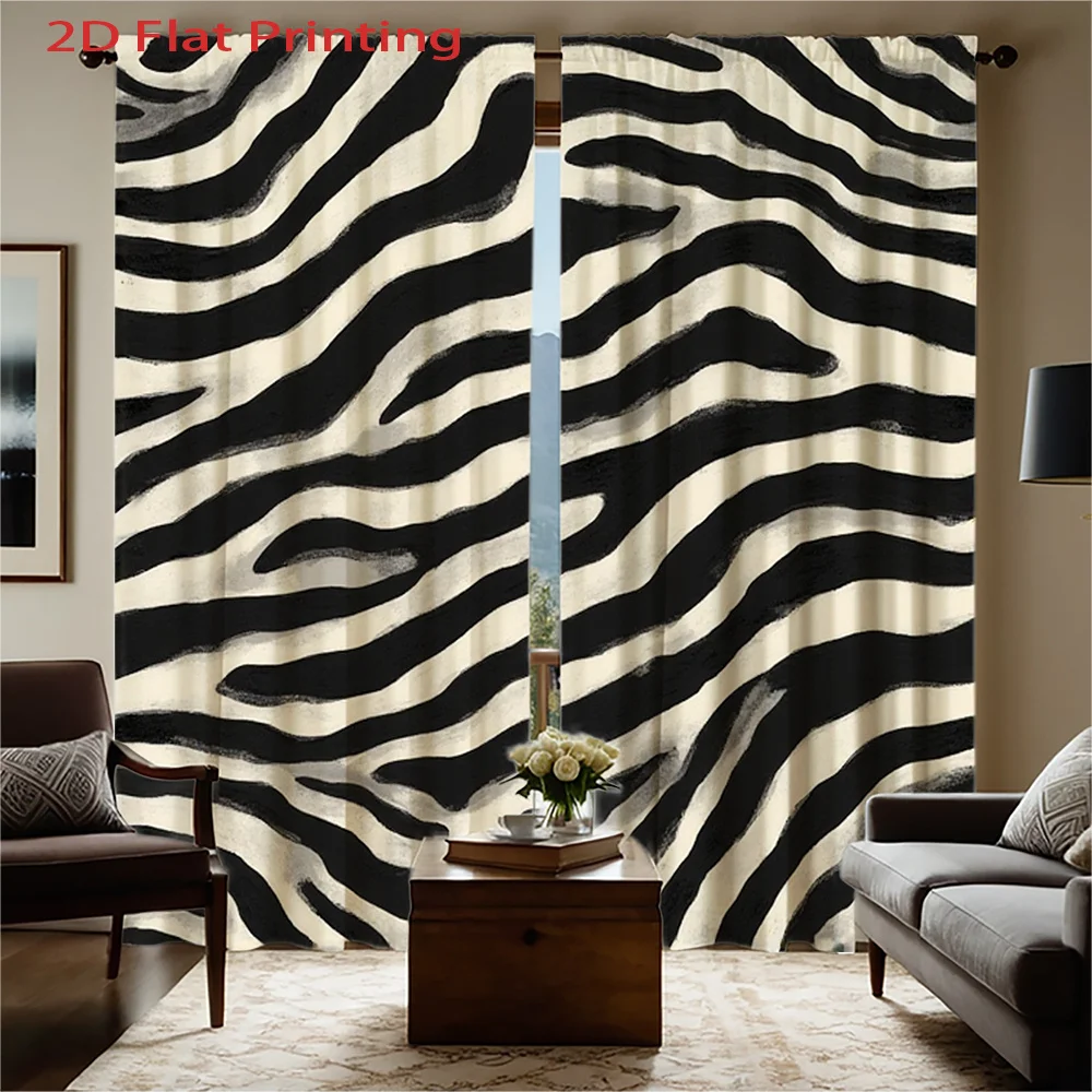 Zebra print curtain 2 pieces stripes with artistic brush effect, modern animal print decoration for living room and bedroom