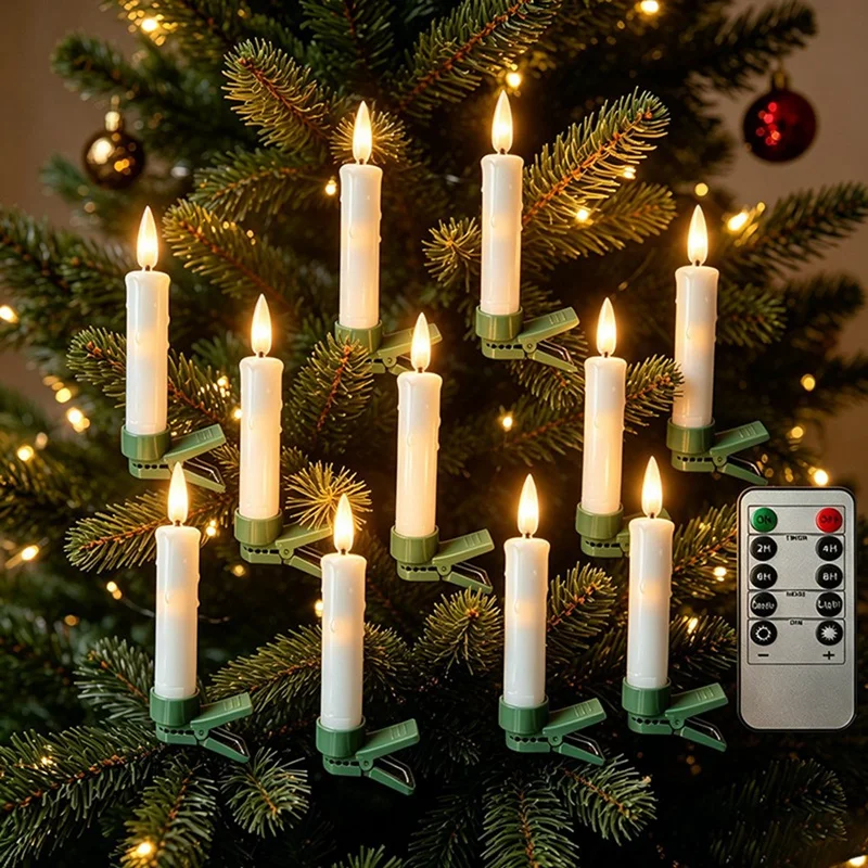 DT16 Christmas LED Candles Flameless Taper Clip-on Battery Operated 10PCS for Tree Lights Remote Timer