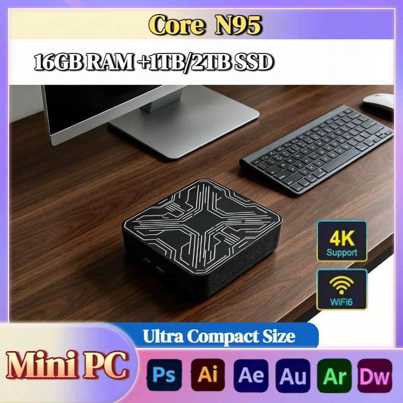 

Intel N95 Mini Desktop PC 16GB DDR4 NVMe SSD Triple 4K WiFi6 Silent Cooling Portable Computer Office Home Ultra Fast