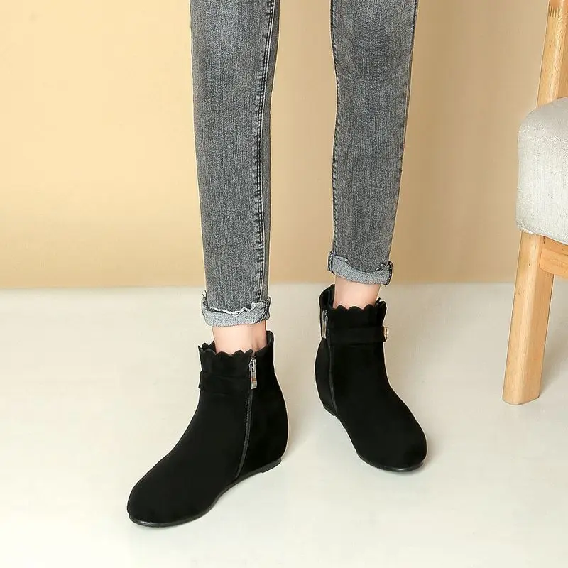 

ASILETO Leisure Women Ankle Boots Round Toe Increased Heels 5cm Flock Suede Crystal Size 42 43 Daily Bota