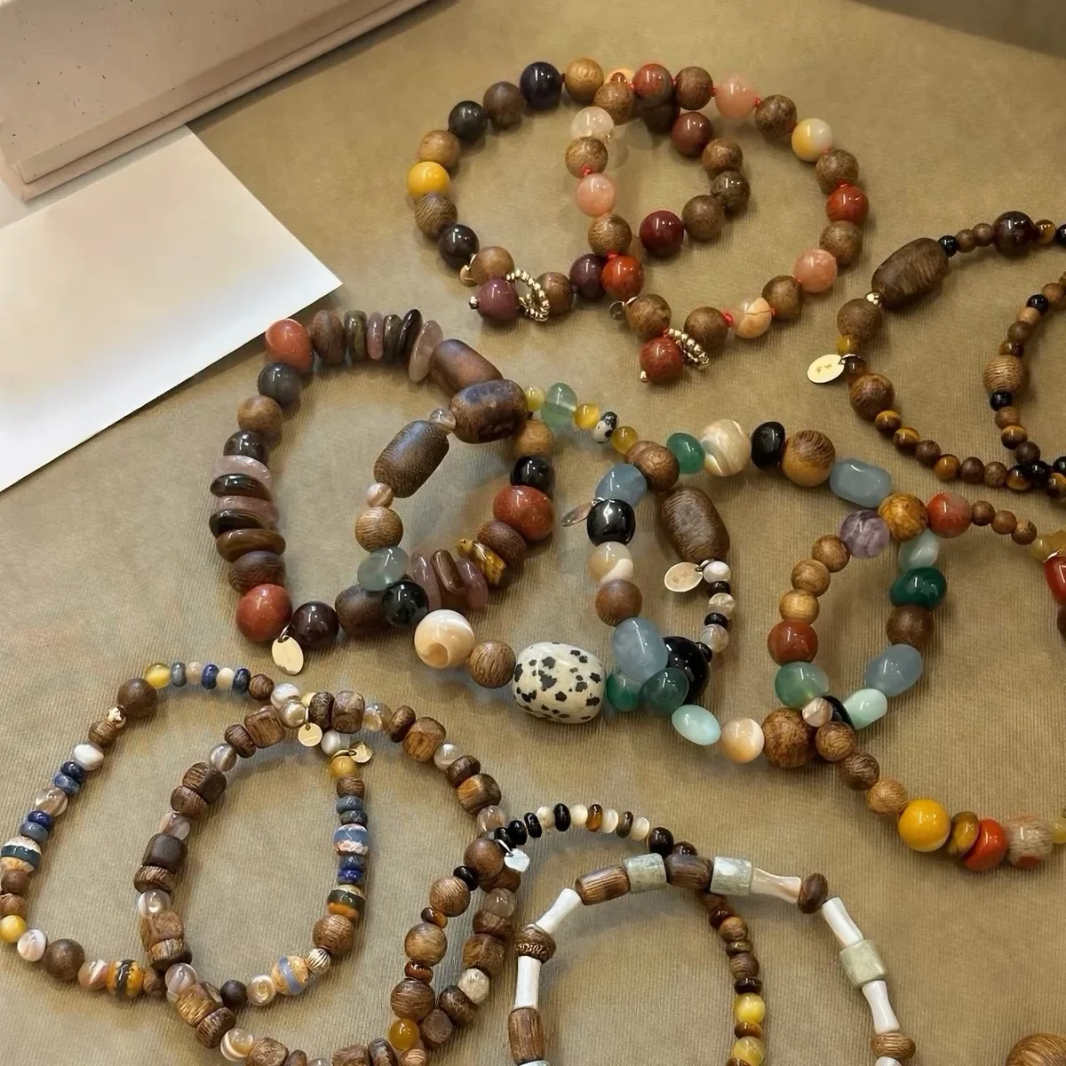 Vintage Natural Stone Wood Bead Bracelet Mixed Gemstone Wooden Beaded Stretch Bangle Boho Ethnic Stackable Women Jewelry