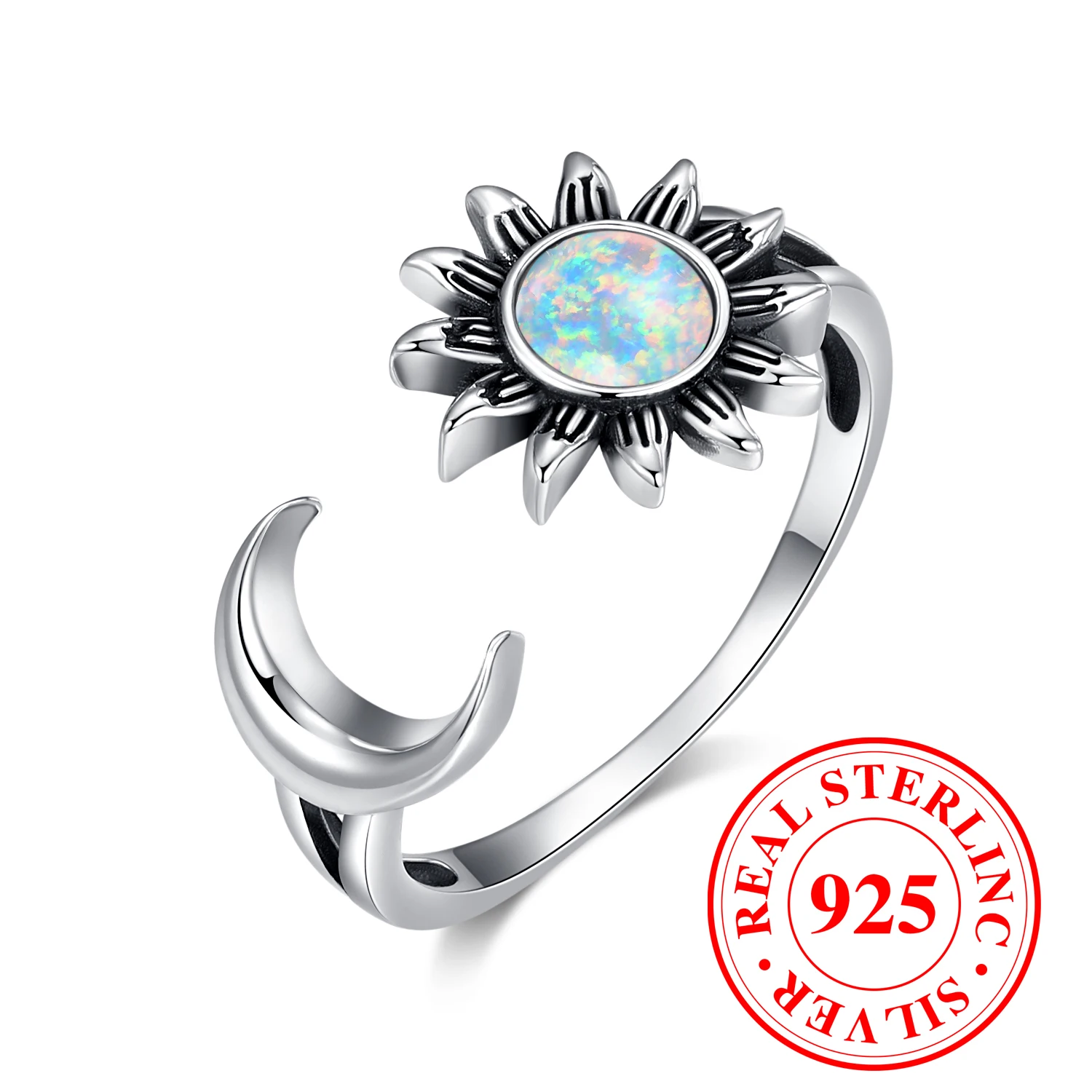 Carino femminile naturale bianco fuoco opale pietra girasole luna anello Vintage reale 925 gioielli da sposa in argento Sterling aperto per le donne