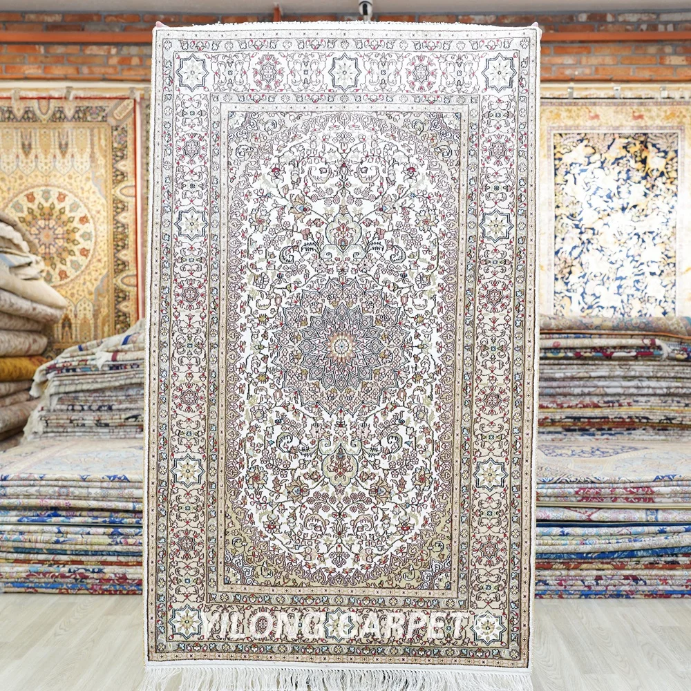 

91x152cm Tabriz Silk Carpet Beige Hand Knotted Small Turkish Rugs (YJH077B)