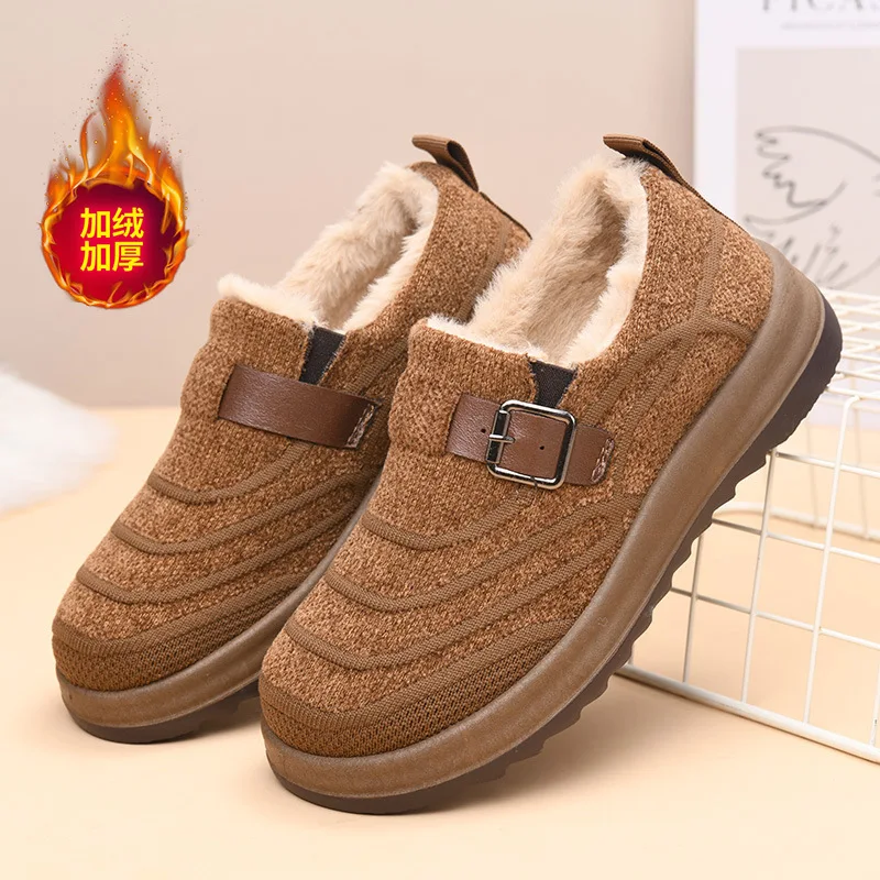 Women Winter Fleece Lined Loafers, Knitted Fabric Warm Slip‑on Shoes, Buckle Strap Non‑Slip Thick Platform Casual Shoes