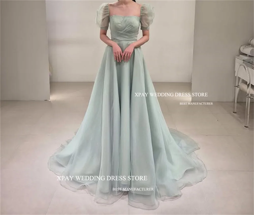 XPAY Mintgroen Pofmouwen Avondjurken Plooi Korea Bruiloft Fotoshoot Zijde Organza Vloerlengte Prom Jassen Aangepast