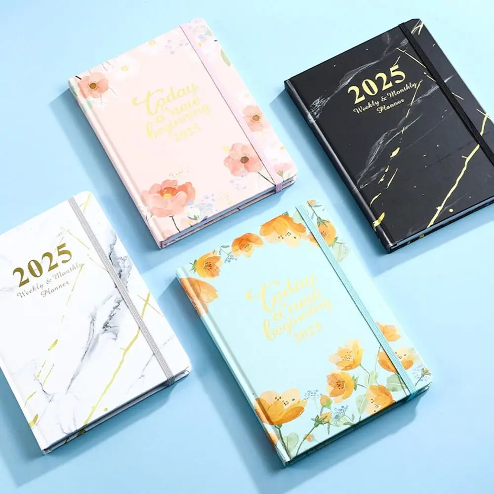 A5 2025 Planner Notebooks Thick Paper Cardboard Cover English Notebook Elastic Band Design Multifunction Datebook Stationery