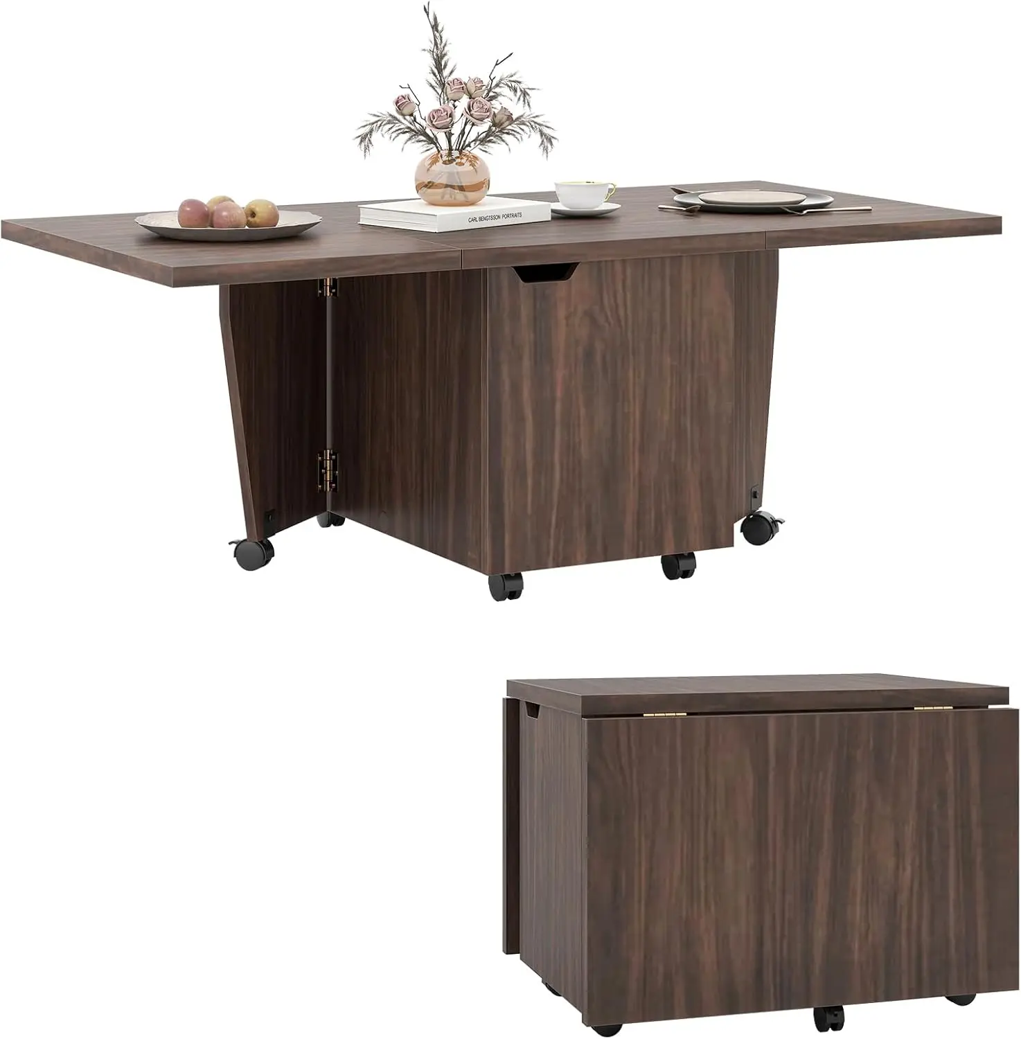 

48 Inch Walnut Mid-Century Modern Folding Coffee Table - Drop Leaf Extendable, Storage Cabinet & Wheels,