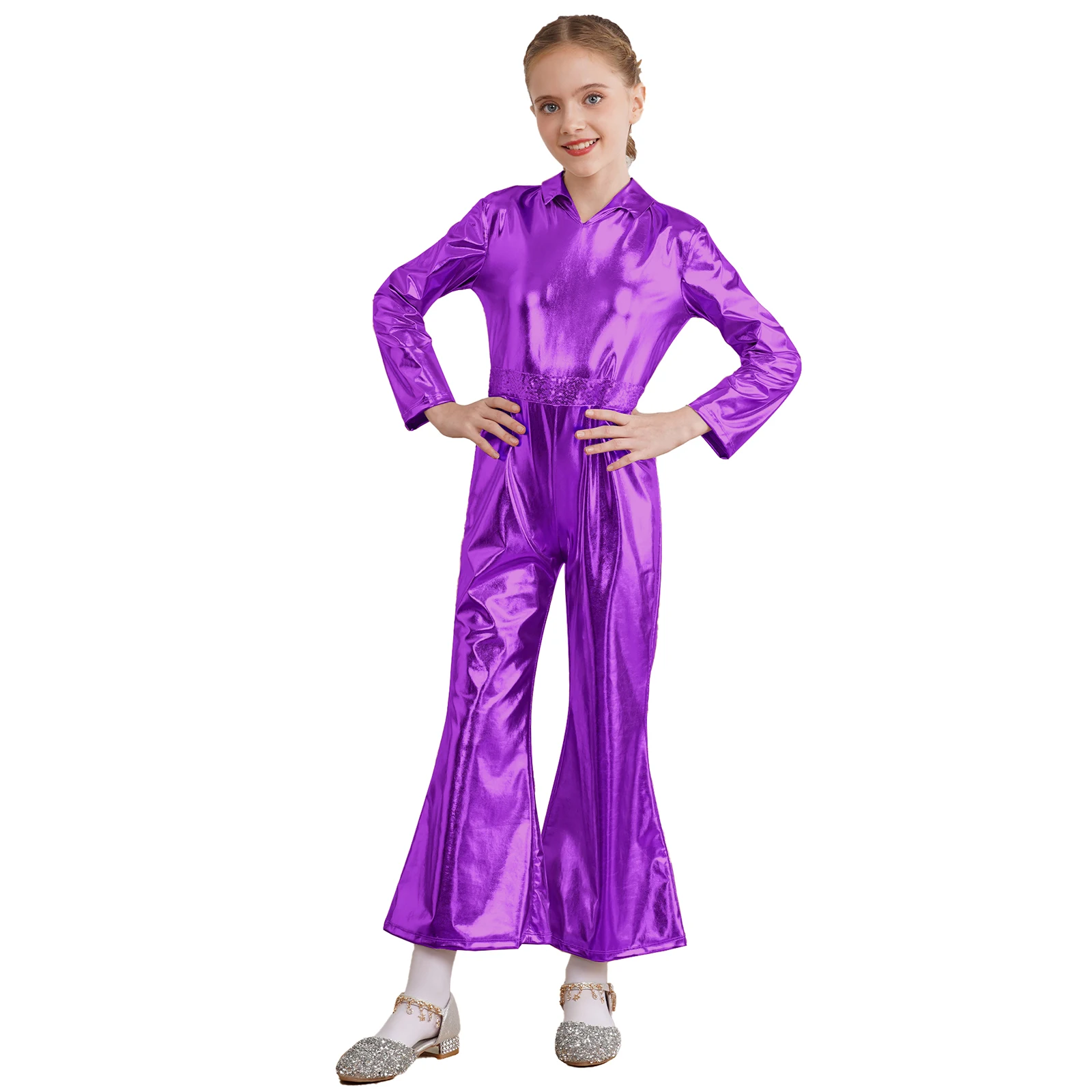 Kids Boys Girls Retro Metallic Jumpsuit Shiny Long Sleeve Bell-Bottomed Leotard Teens Bodysuit Children Disco Jazz Dance Costume