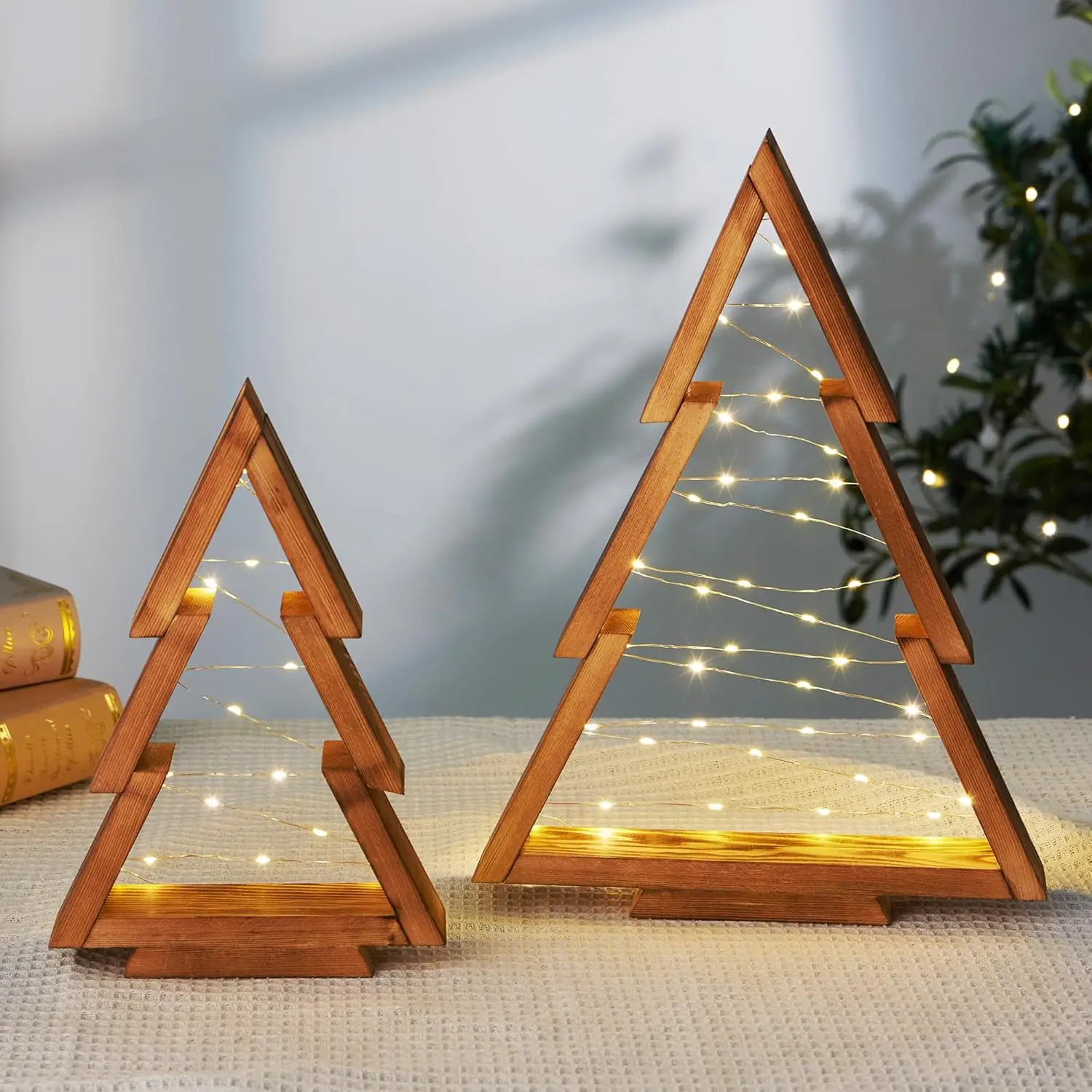 

2 Pack Lighted Wooden Christmas Trees with Timer, Farmhouse Decor for Table, Mantle, Shelf (Large 14.2', Small 10.2')