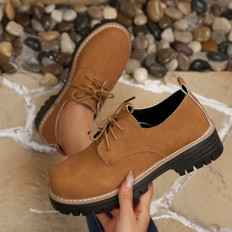 

Women's Large Size Mid Heels Single Shoes Retro Style Lace-Up Thick Bottom Loafers Round Toe Velvet Material Comfortable Shoes