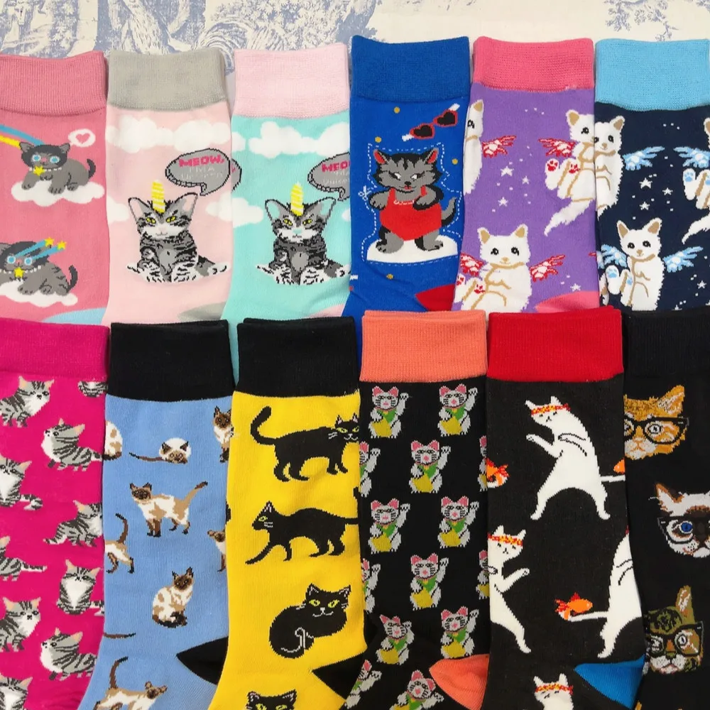 Adult Size Mid Calf Crew Funny Cartoon Cute Kitten Pussy Kitty Cat Socks Soft Cotton Hipster Home Girl Gift Sokken Dropship Sox