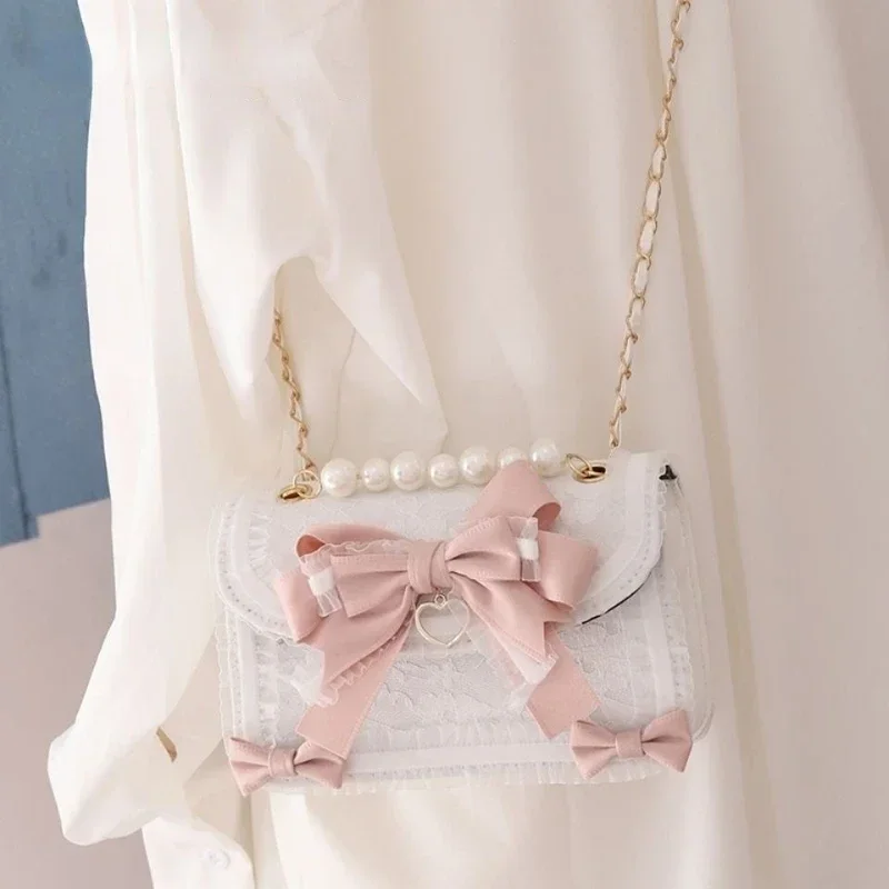 MBTI-Sac à main Lolita avec nœud en dentelle pour fille, sac à bandoulière, sac à main Pearl Jk Kawaii, style japonais, femme douce, designer,