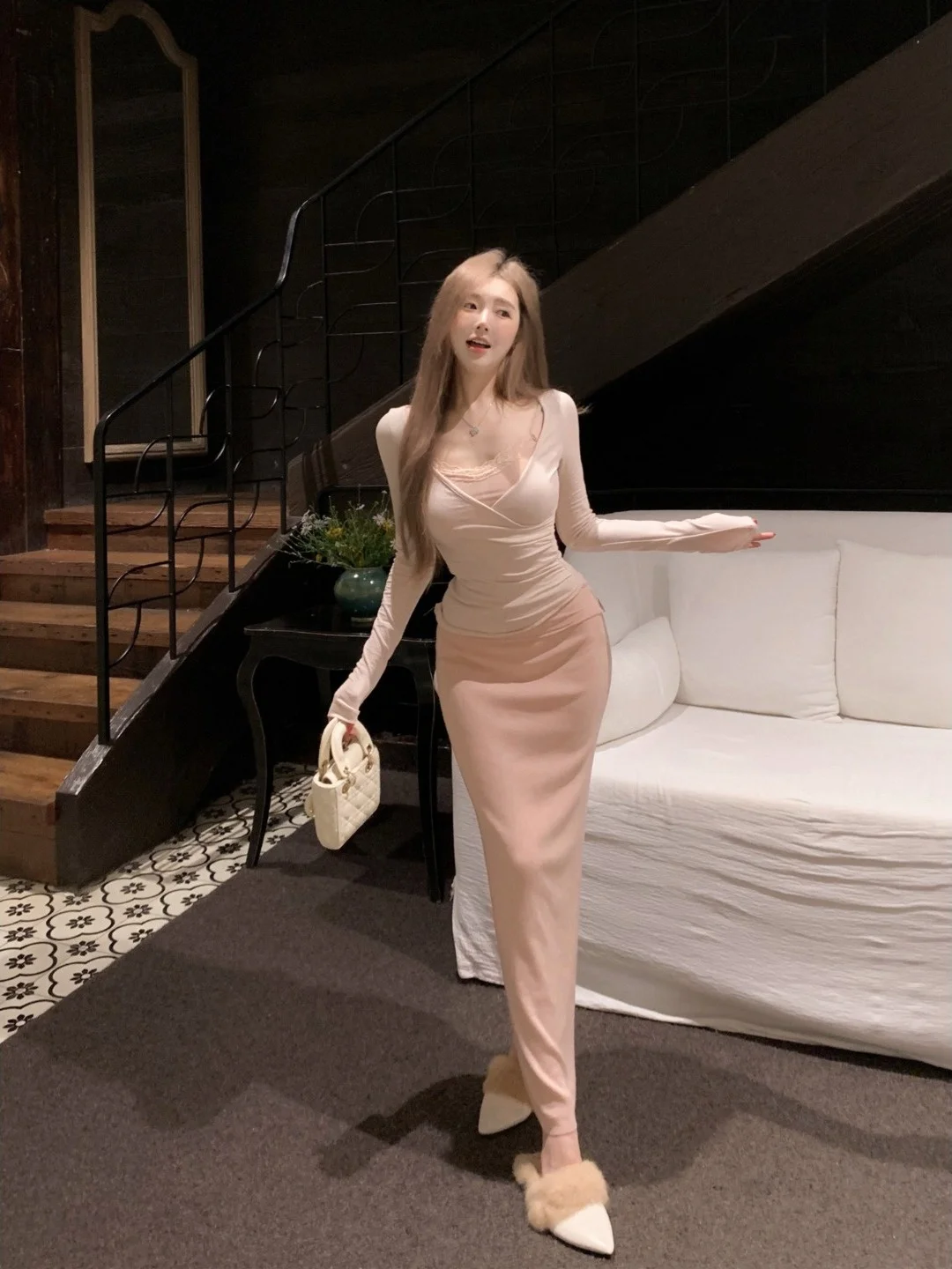 

Pink Lace Splice Bodycon Skirt And Top Set Women's Fashion Spring 2026 New Style Pure Desire Two-Piece Set High Waist