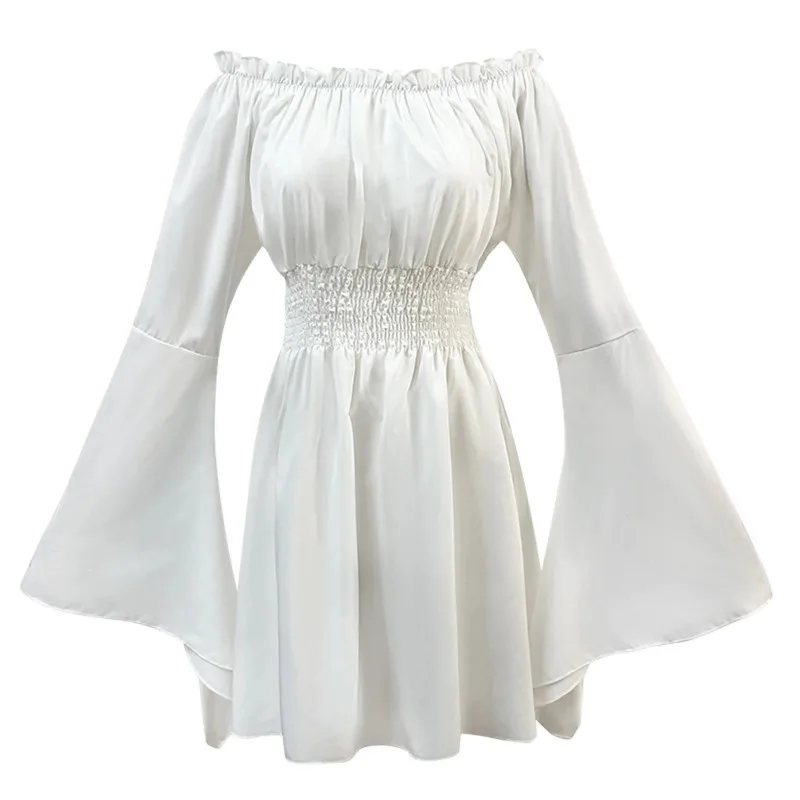Vintage Sexy Schulterfreies Schlankes Piraten-Mittelalterkleid für Frauen, Karneval-Halloween-Kostüm, Cosplay, Plissiertes Weißes Kurzkleid – Detail 10