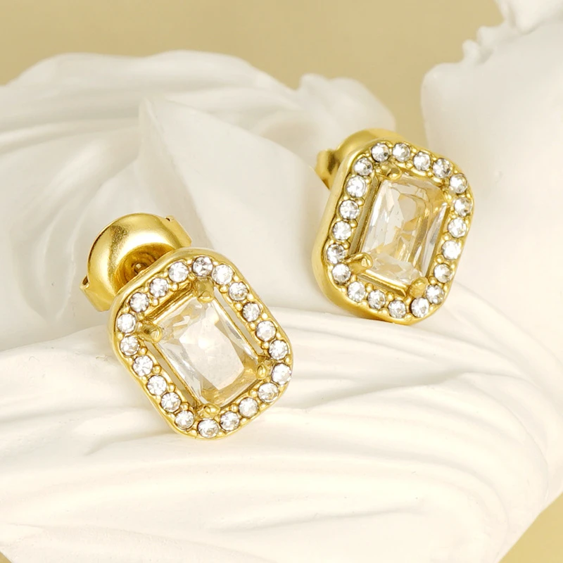 18K Gold Plated Stainless Square With Diamonds Gold Ear Studs Bilayer Zircon Jewellery For Lady Anniversary Gift