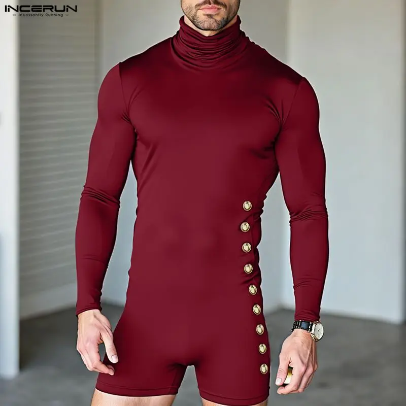 

INCERUN Men Bodysuits Solid Color Turtleneck Long Sleeve Rompers Men Playsuits Streetwear Knitted Button Fashion Male Bodysuit