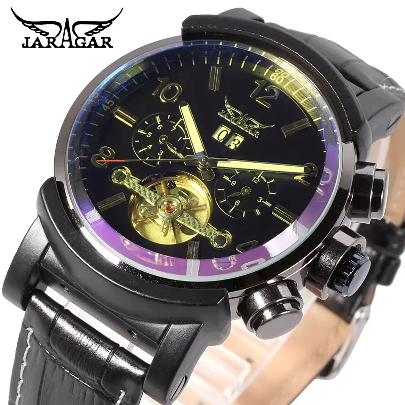 

JARAGAR Men's Watch Flywheel Double ring nail digital double dial mechanical watch Calendar Belt Wrist watch watch