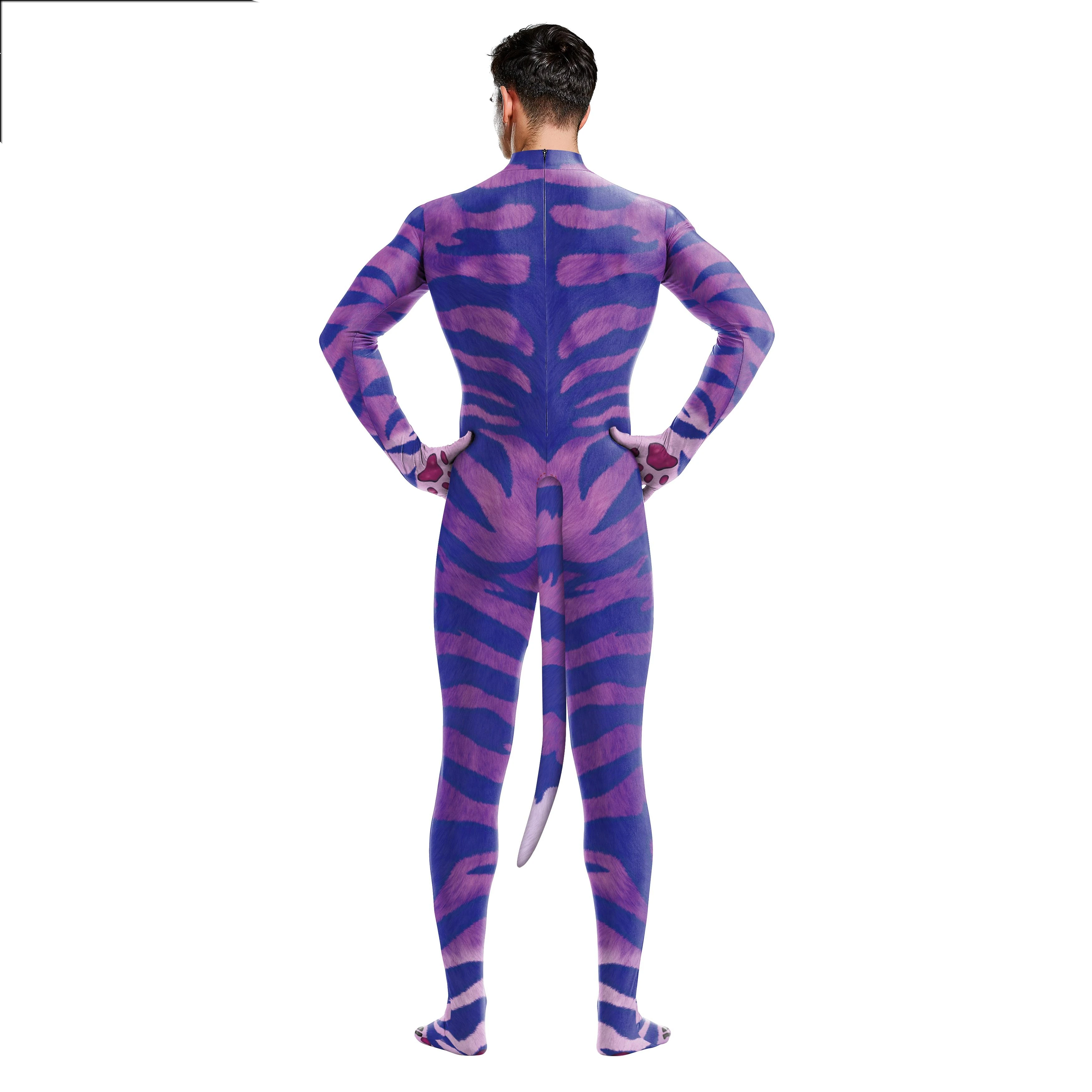 ชุดบอดี้สูทลายเสือดาวสีม่วงสำหรับผู้ใหญ่ ชุดแฟนซีฮาโลวีน ชุดจั๊มสูทแบบ unisex พร้อมหางด้านหลังและซิป ชุดคอสเพลย์