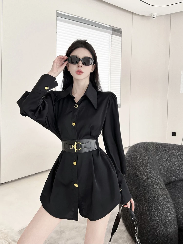 Spring Vintage Chiffon Shirts For Women Fashion Turn Down Collar Long Sleeve Casual With Belt Office Lady Elegant Top Female