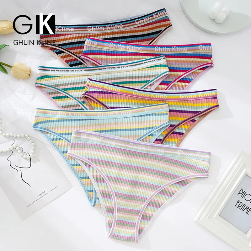 Plus Size Letter Belt Ventilation Cotton Panties for Women Sexy Underwear Colorful Striped Girl Intimates Lingerie Ladies Briefs