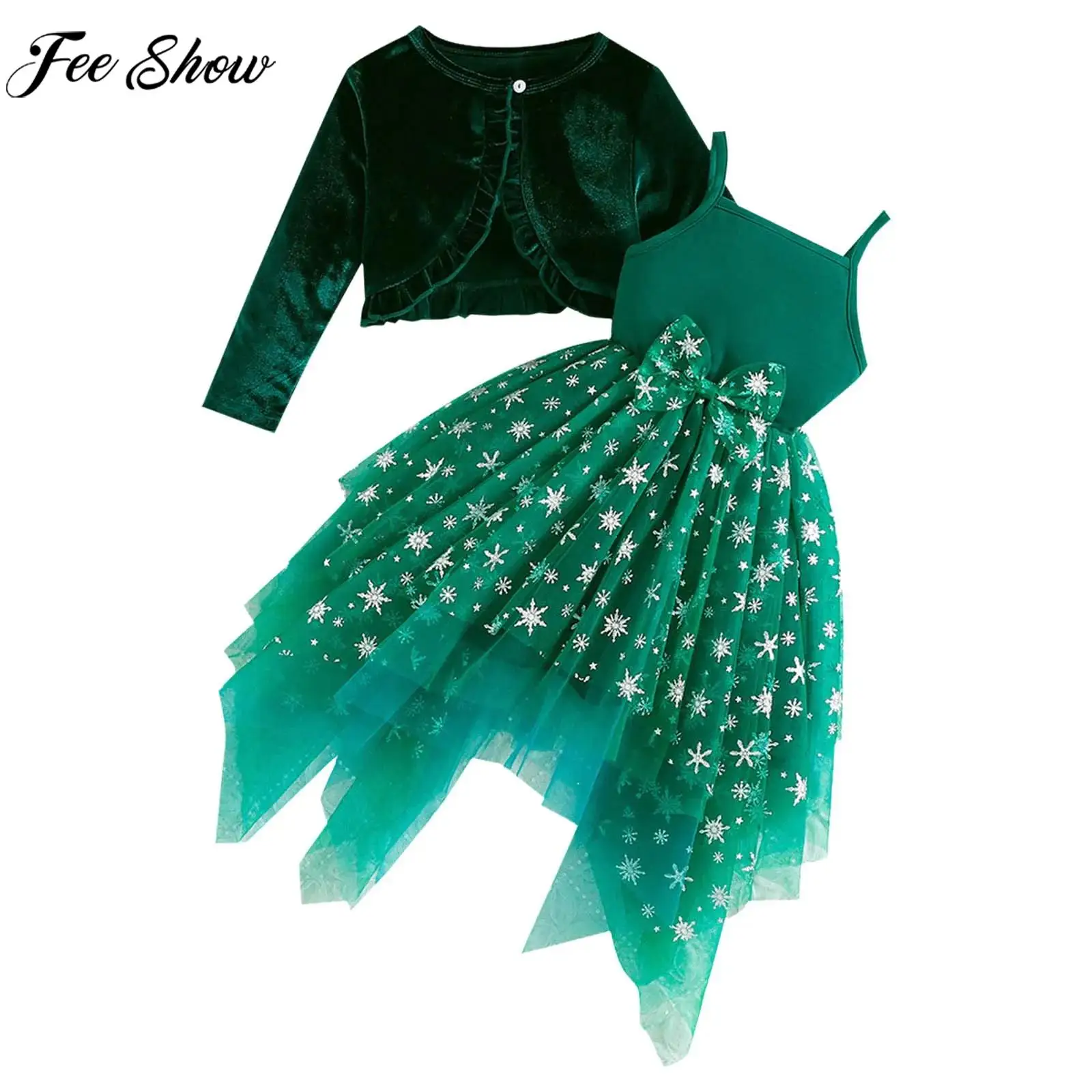 

Toddler Girls Long Sleeve Velvet Christmas Cardigan Shawl with Snowflake Tulle Dress Xmas Birthday Party Photography Costume Set