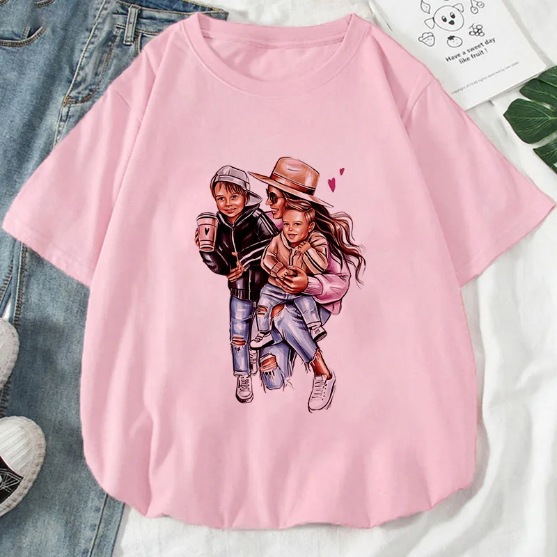 Women T Shirt Summer Kawaii Child And Mom Printed Tops Clothing Woman Ladies Aesthetics Graphic Short Sleeve T Shirts Female Tee