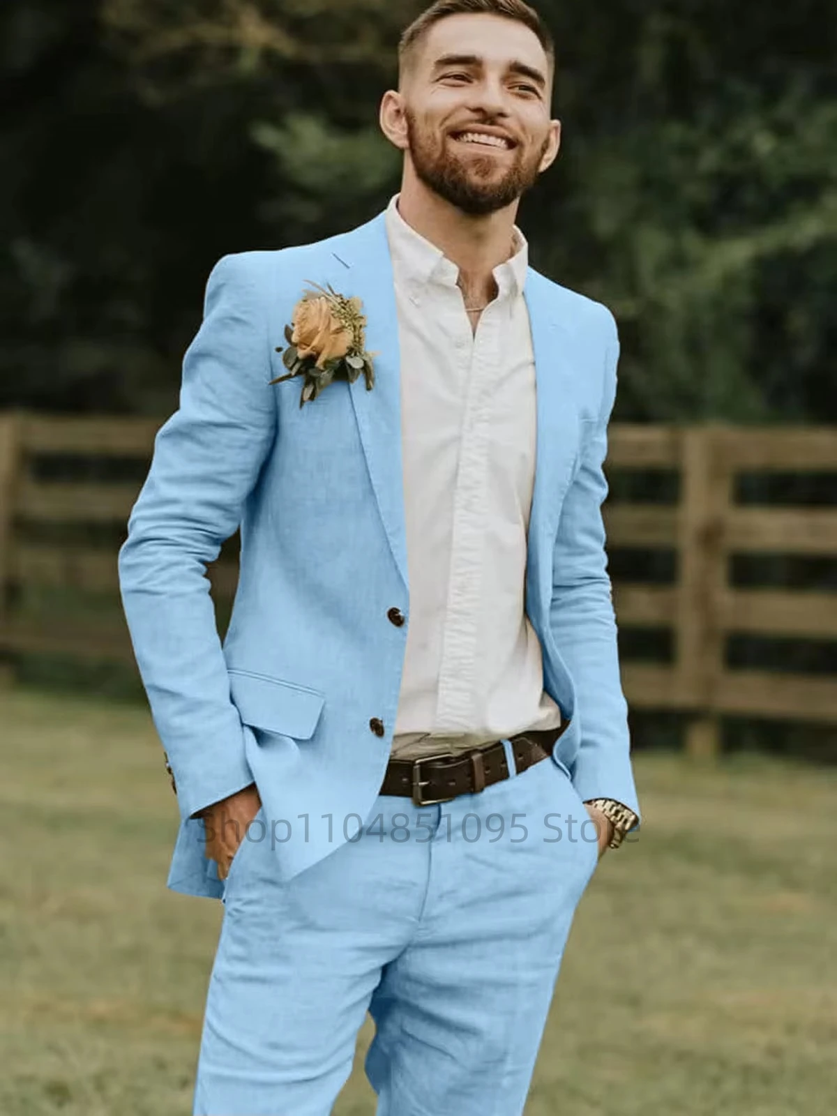 

Beige/Blue Linen Wedding Tuxedos for Party Prom Slim Fit Casual Men Suit Notched Lapel Jacket with Pants 2 Pieces Set for Summer