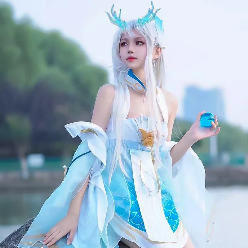 

Anime Game Honor of Kings Xi Shi Cosplay CostumeYou Long Qingying Clothes Wig Dragon Horn Suit Anime Exhibition Party Clothing