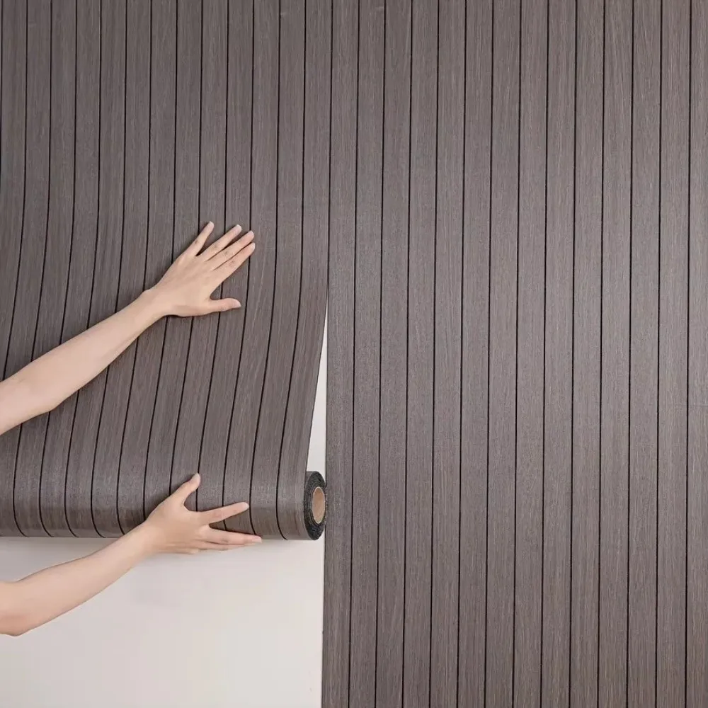 Self-Adhesive Imitation Wood Grain Wallpaper Peel and Stick Thickened Grid Panel Wall Sticker Wear-Resistant DIY