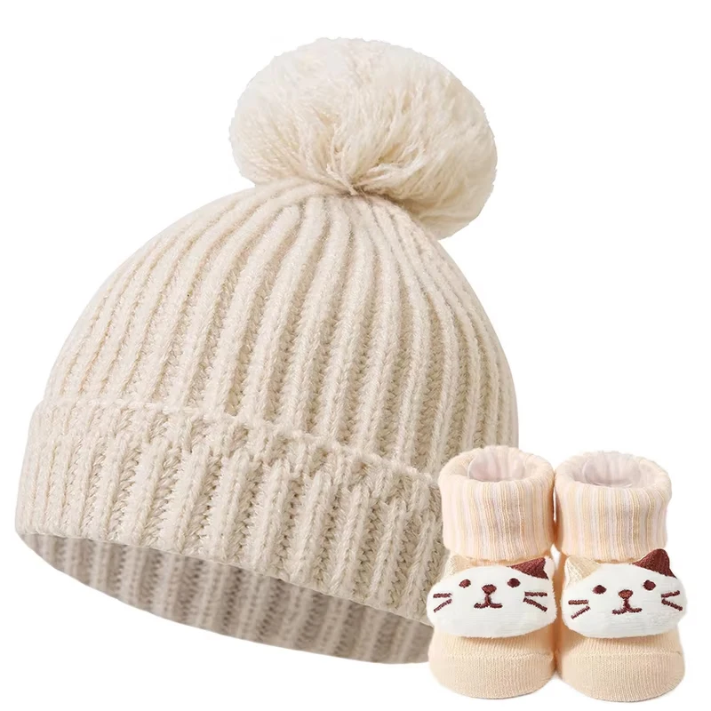 

2 шт./компл., однотонные вязаные детские шапки-тюрбаны, зимние шапки, шапки и бутик ручной работы с мультяшным котом, короткие носки, чулки, носки до щиколотки