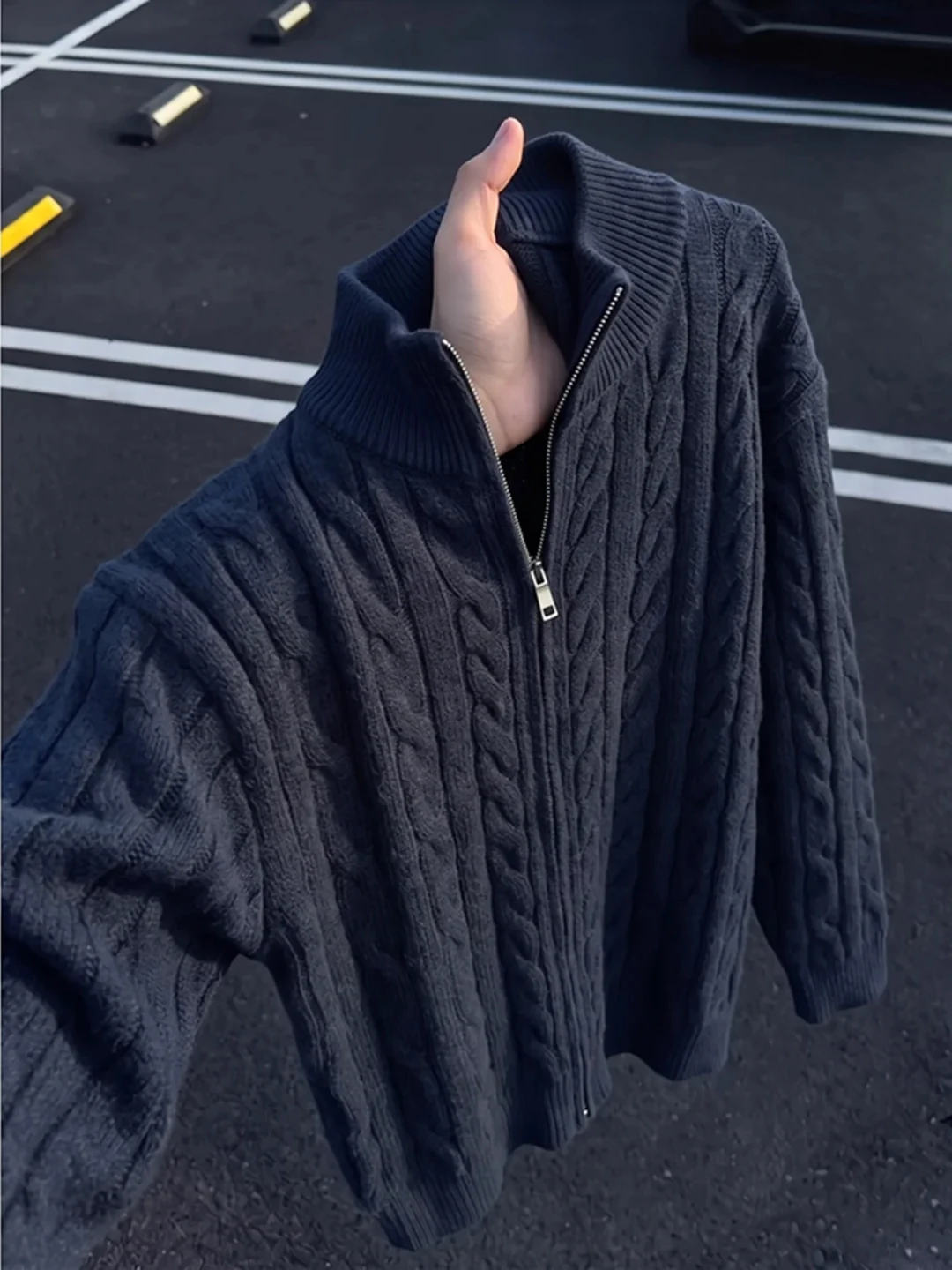 Zipper Knitted Sweater Men's Autumn Winter Loose Fit American Style Long Sleeve Warmth Casual High Intelligence Feeling Outer...