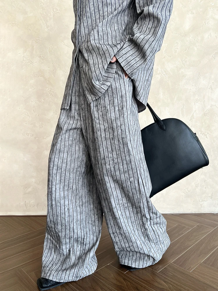 [LANMREM] High Waist Striped Contrast Color Pants Women Straight Wide Leg Trousers Office Lady Clothing 2024 Autumn New 26C684