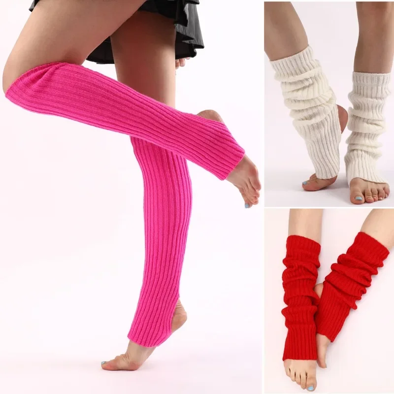 New Japanese Lolita Y2k Solid Color Leg Warmers Women Hollowed Out Foot Heel Warm Knitted Knee High Socks Legging Gaiters Cover