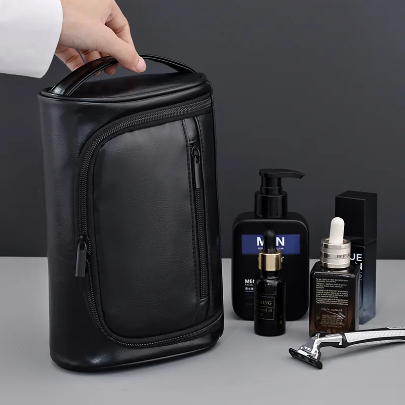 New handheld PU men's makeup bag with high-end feel, large capacity waterproof and portable travel wash bag