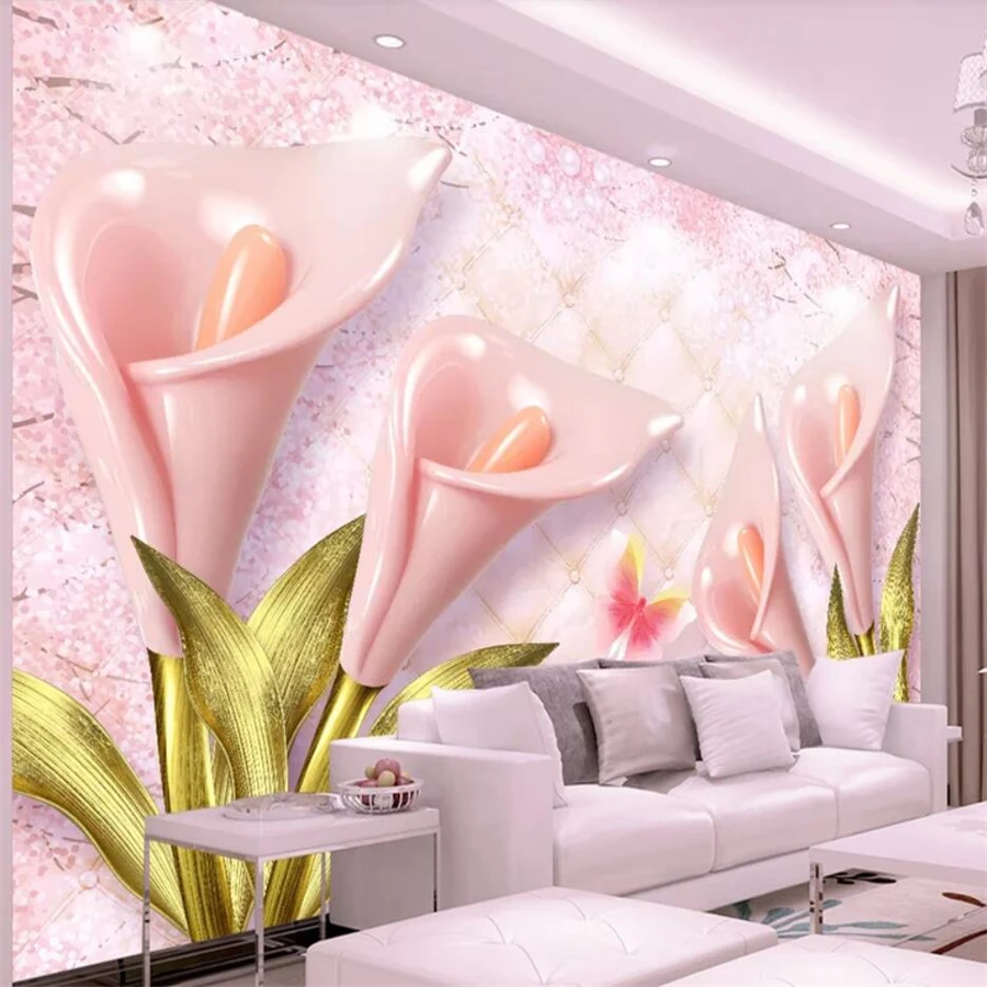 Custom wallpaper 3d photo mural pink calla lily papel de parede embossed soft bag jewelry background wall paper home decor mural