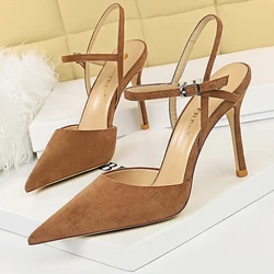 BIGTREE Shoes Suede Women Sandals Pointed Toe High Heels Women Shoes Summer Hollow Out High-heeled Sandals Buckle Stiletto Pumps