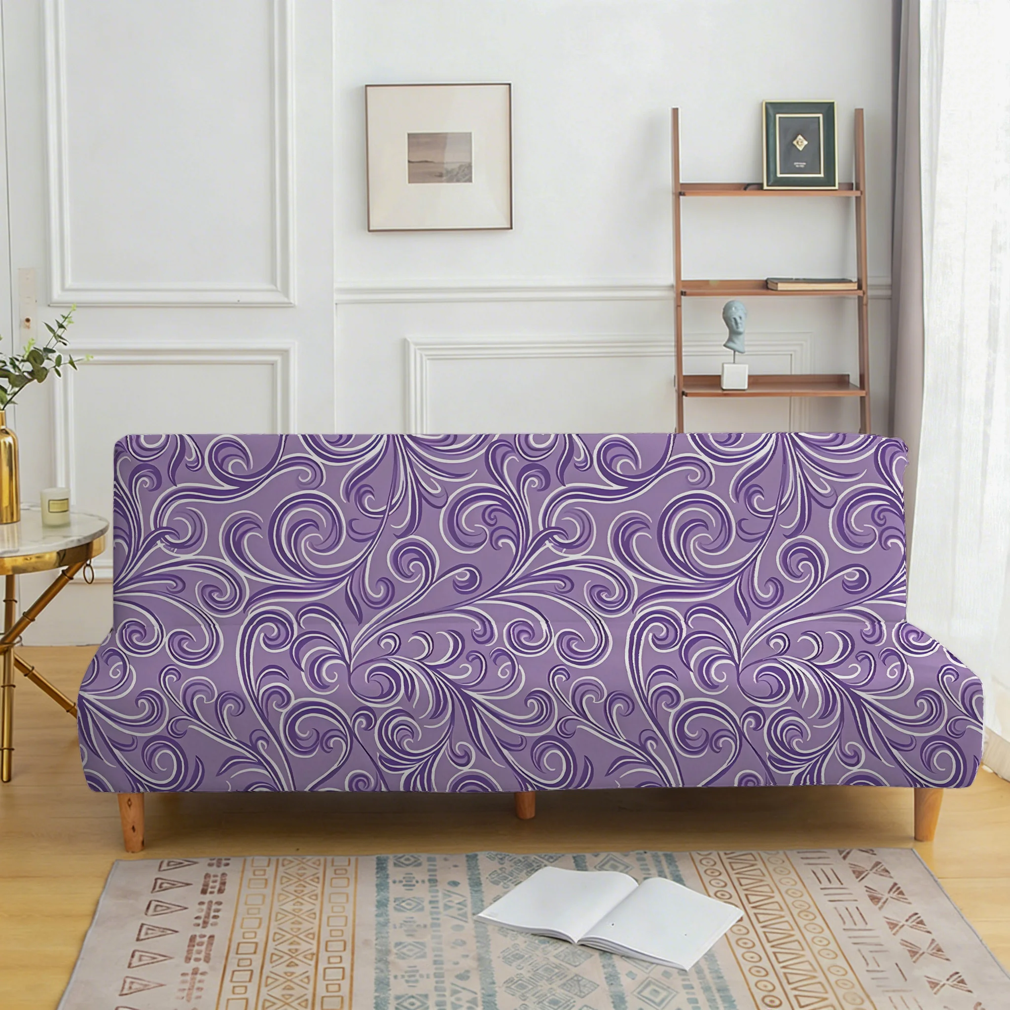 Retro purple pattern sofa bed cover, elastic armless sofa cover, dust-proof elastic furniture protective cover