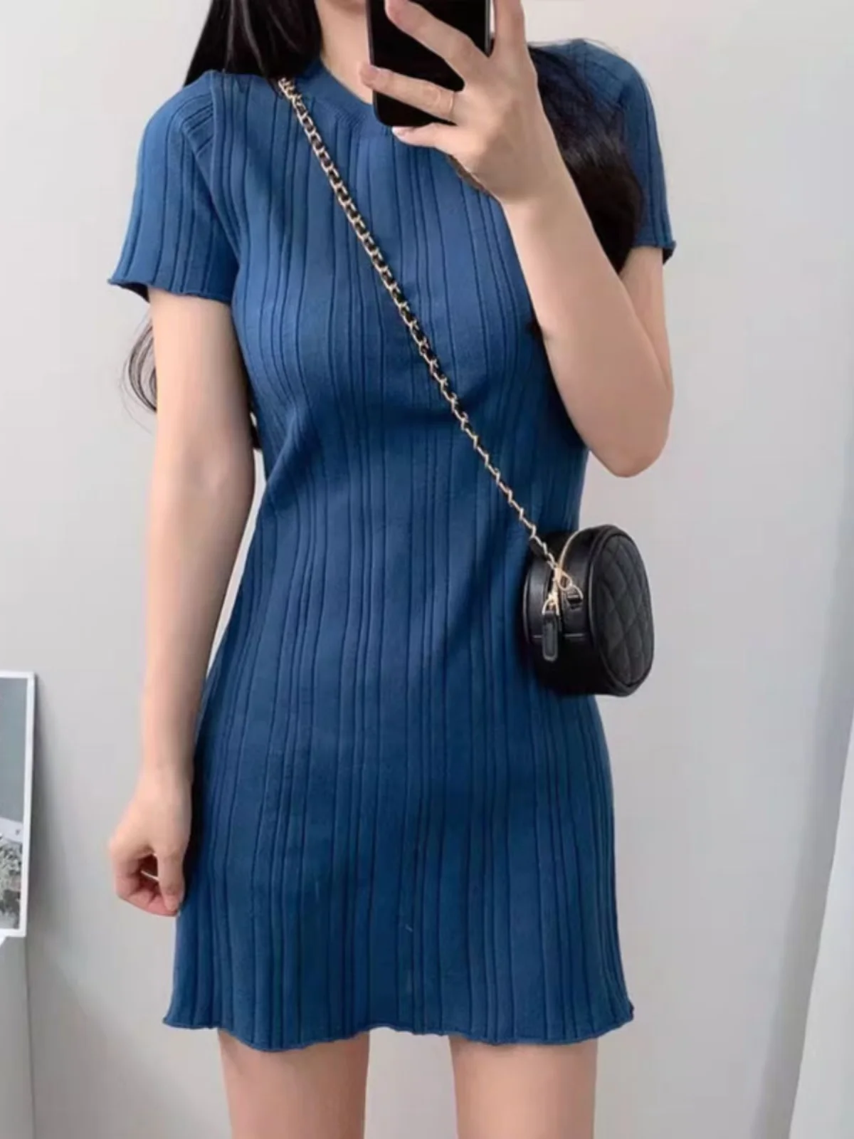 Chic lavorato a maglia A-Line Midi Dr ort Sve round Ne Summer New Sle per le donne Pendolari Sle Versione coreana Slim Fit Bodycon