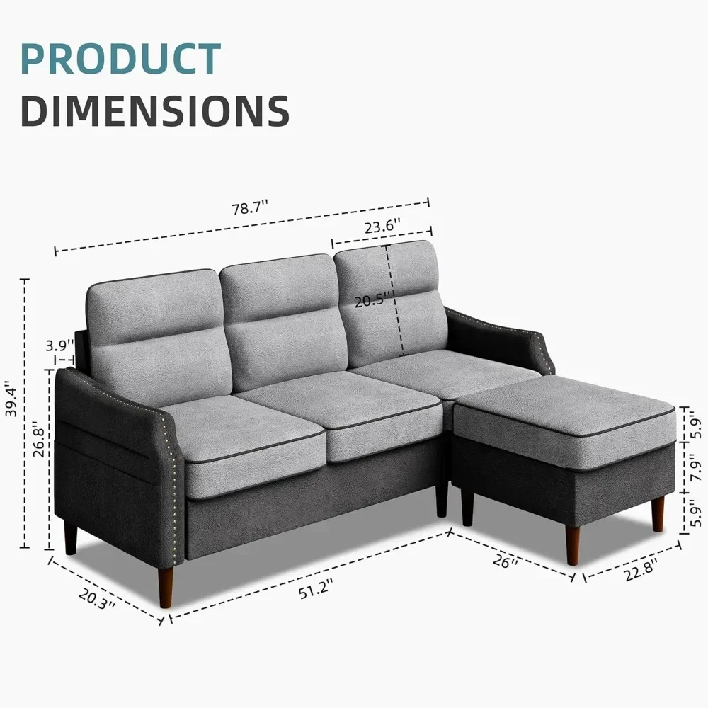 Shaped Sofa Couch with Side Storage Bag,Convertible Sofa with Reversible Chaise and Rivet Decor for Living Room