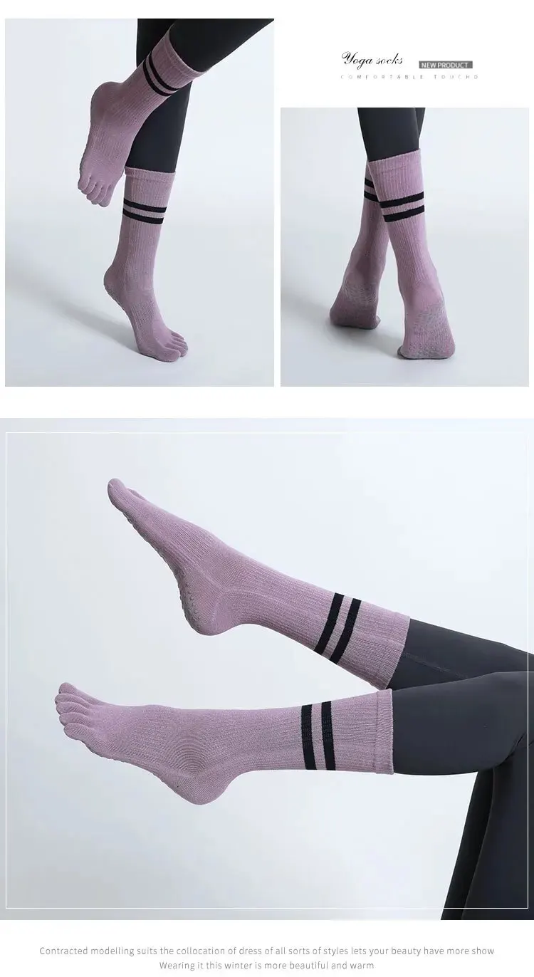 Frauen Atmungsaktive Yoga Socken Mid-rohr Nicht-slip Fünf Finger Pilates Sport Socke Baumwolle Fitness Dance Ballett Indoor boden Socken – Detail 6