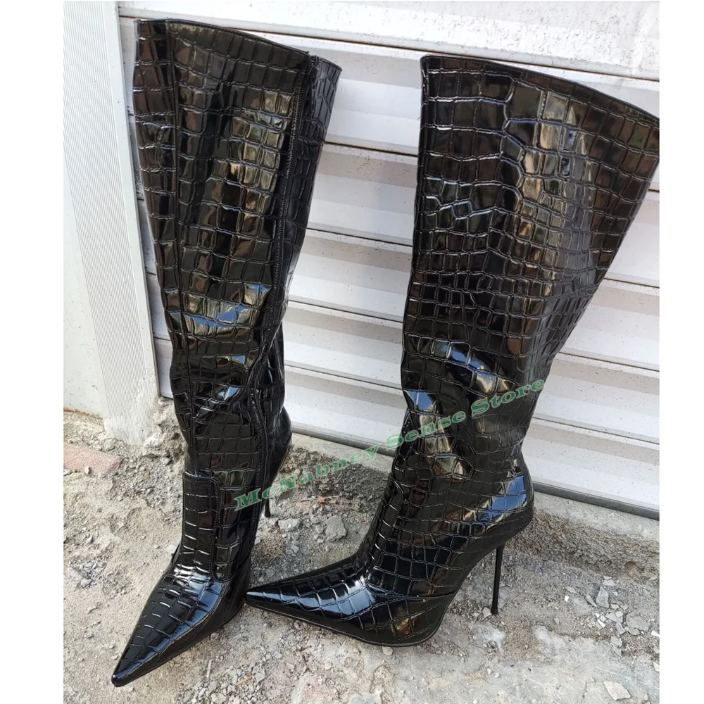 Snake Pattern Thigh High Boots Shiny Leather Pointy Toe Super Thin High Heels Women Shoes Side Zipper Casual Party Designer Boot