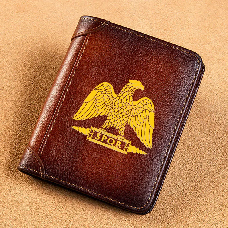 

High Quality Genuine Leather Men Wallets Golden Roman Empire SPQR Eagle Short Card Holder Purse Trifold Men's Wallet BK3841