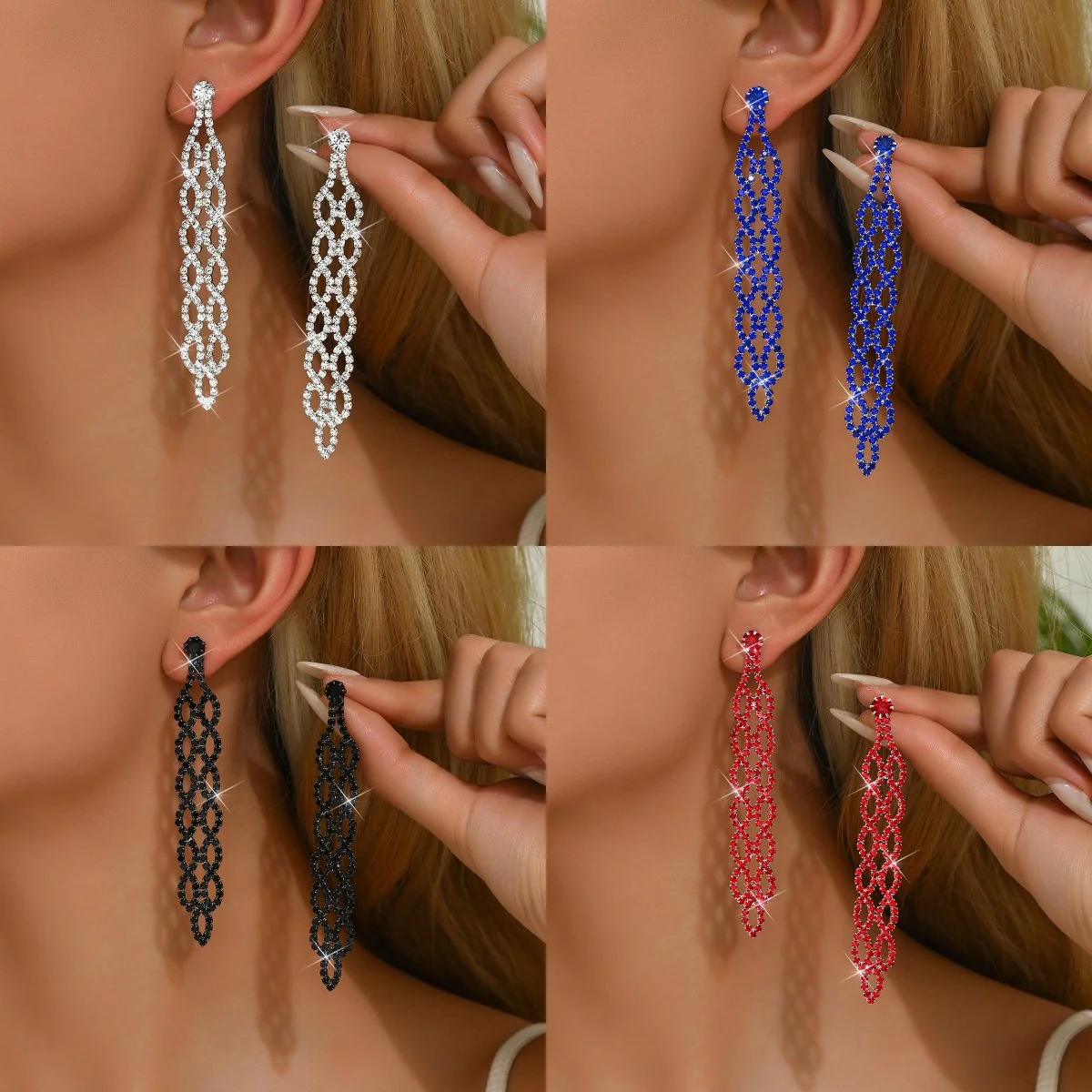 Cross border source new shiny full diamond hollow out long earrings with fashionable temperament ear accessories