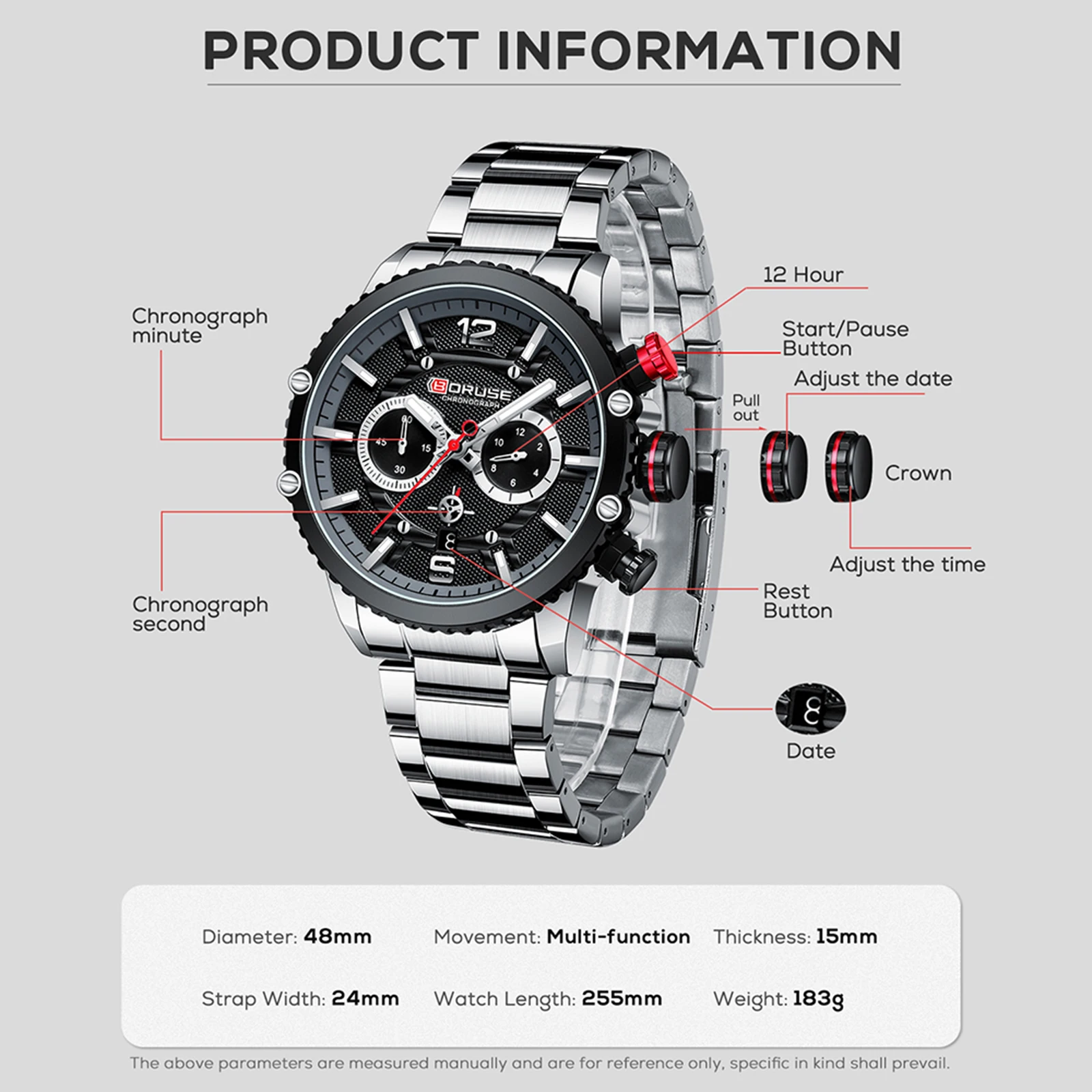 BORUSE Brand Luxury Business Men Military Watches Stainless Steel Business Waterproof Luminous Multi Function Quartz Watch