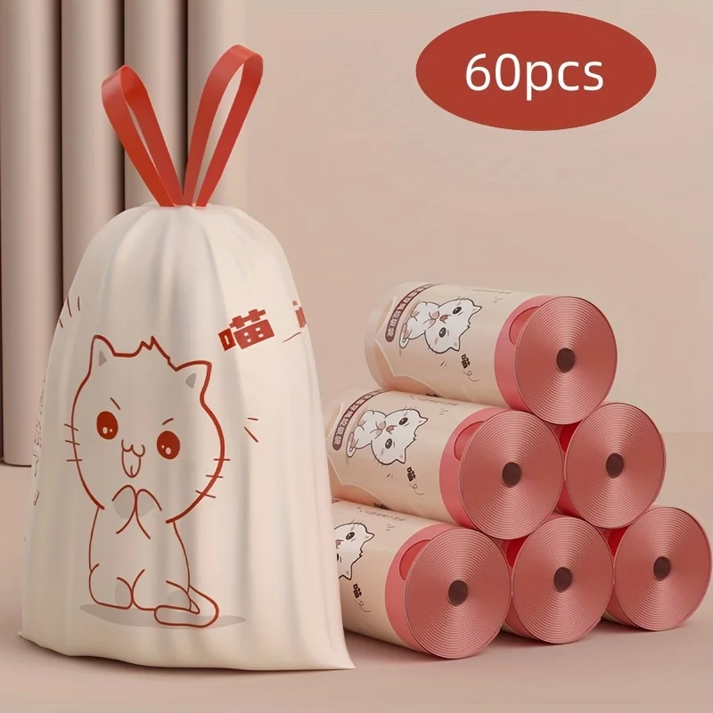 60 Pieces Per Roll of Tear-Free Garbage Bags, Suitable for Family Use, with Hand-Held Plastic Bags and Kitchen Cleaning Bags
