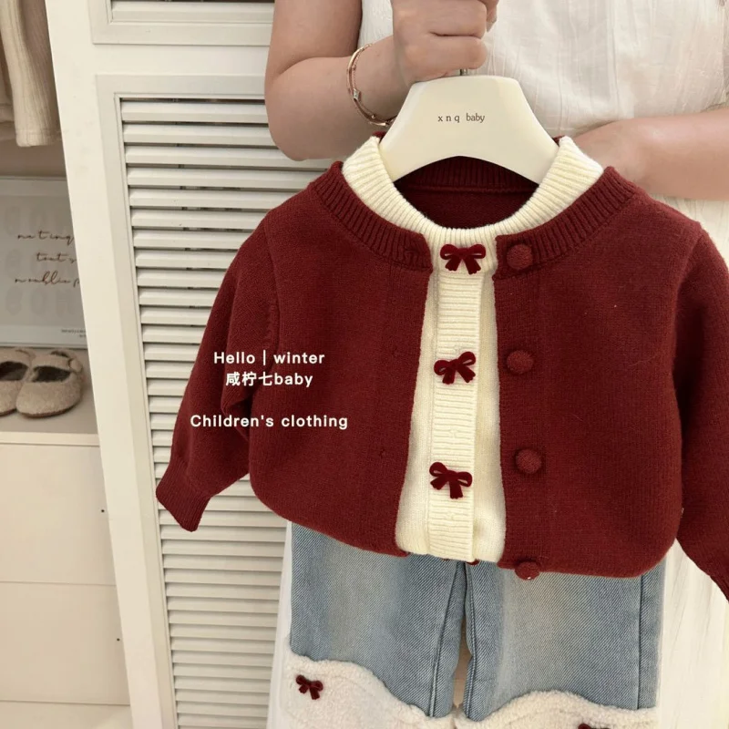 Girls' Autumn and Winter New Red Bow Sweater Stylish Frayed Edge Fleece-Lined Thickened Jeans for Baby Girls2Set