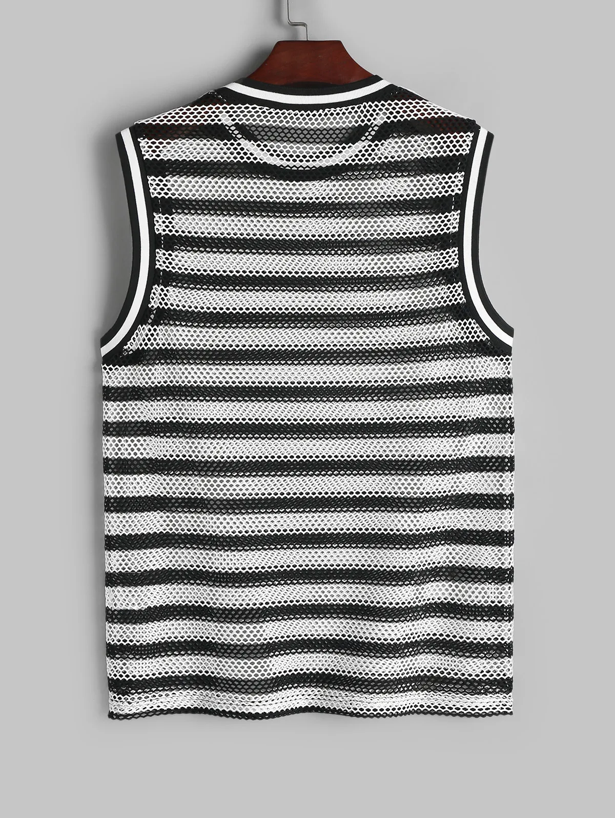 ZAFUL Striped Pattern Mesh Openwork Ribbed Collar Tank Top