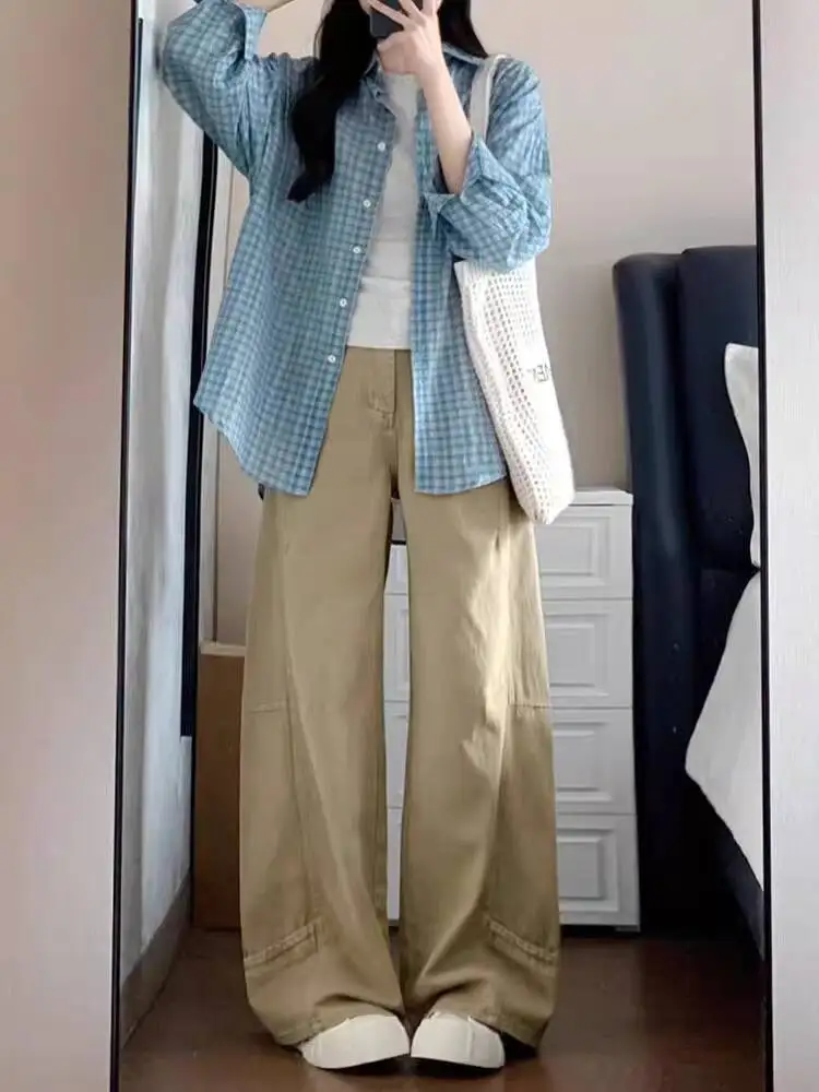 Plus Size Women's Casual Pants Autumn Khaki Cargo Jeans High Waist Loose Wide Leg Slimming Versatile Straight Leg Trousers