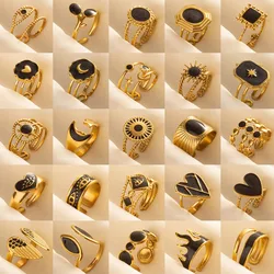 Open Adjustable Evil Eye Heart Sun Heart Rings For Women Men Accessories Black Enamel Vintage Jewelry Stainless Steel Ring Gift