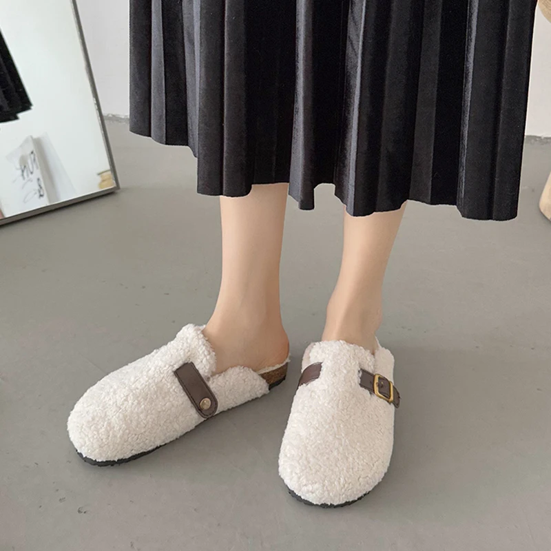 2024 Lambswool Mules Women Belt Buckle Slippers Winter Clogs Shoes Woman Platfoem Cover Toe Plush Fur Slides Outdoor Fuzzy Shoes